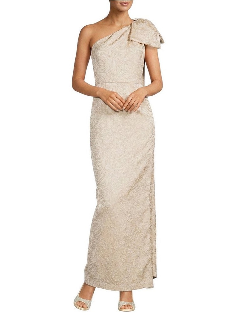 Alex Marie One-Shoulder Jacquard Gown with Bow in Champagne-Mother of the Bride
